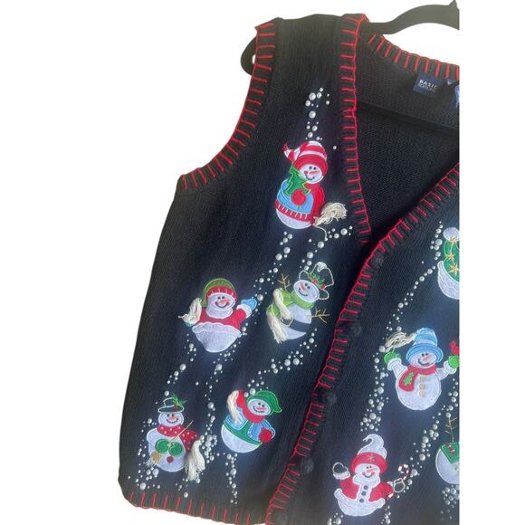 Basic Editions Vintage Vest Snowman & Pearl Embellishments Sweater Black XL - Picture 5 of 9